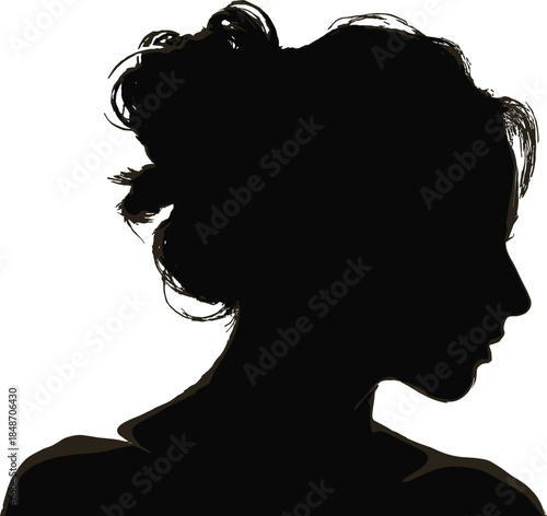 Elegant female profile silhouette portrait, woman head side view illustration, minimal black beauty concept, hairstyle fashion design background