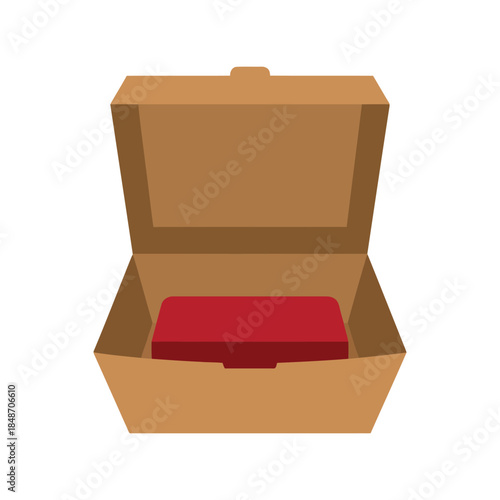 Open Cardboard Box with Red Gift Inside - High-Quality Vector for Packaging and E-commerce Applications