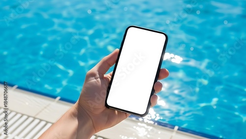 Hand holding modern smartphone with blank screen by blue swimming pool, perfect for app mockups or digital content in summer leisure and relaxation