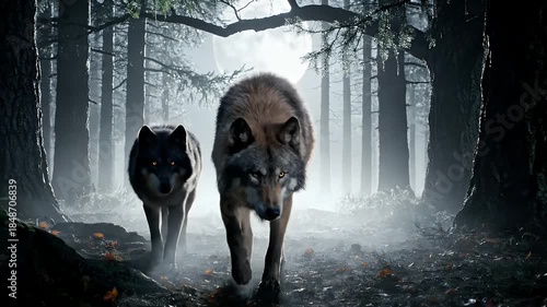 Two Wolves Walking Through a Dark Misty Forest Under a Full Moon