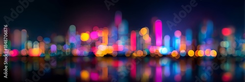 Neon city lights illuminate the night skyline with glowing buildings and vibrant urban energy creating a futuristic downtown cityscape atmosphere perfect for modern concepts