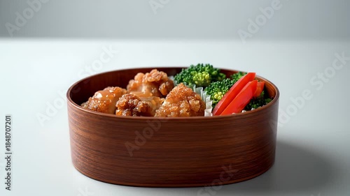 Delicious Chicken Karaage Bento Box Meal With Broccoli And Red Bell Pepper Served In Wooden Container With White
