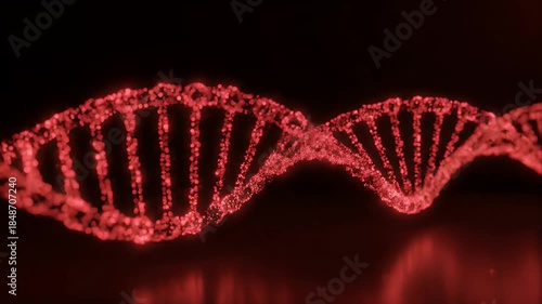Abstract Glowing Red DNA Double Helix Molecule Structure Rotating Slowly on Dark Reflective Surface with Black