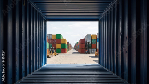 Perspective from inside a dark blue open shipping container, looking out at a vast yard filled with numerous colorful stacked cargo containers, showcasing global logistics.