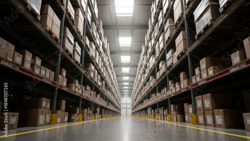 Wallpaper Mural Spacious modern warehouse aisle full of countless cardboard boxes stacked neatly on tall industrial shelves. Ideal for logistics, supply chain, shipping, and inventory concepts. Torontodigital.ca