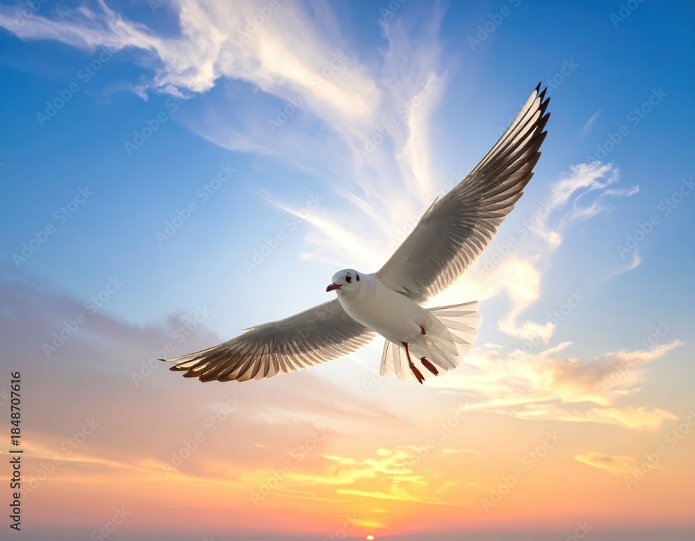 Fototapeta premium A bird in mid-flight glides across open air as its wings reflect soft sunlight above a distant gently fading horizon