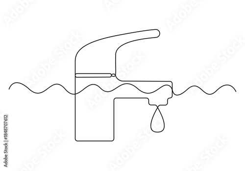 Continuous one line art drawing style mixer tap with water drop 
