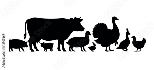 Black Silhouettes of Farm Animals