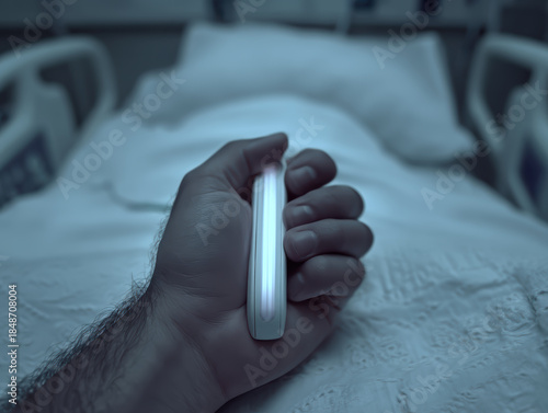 Man holding patient call button in hospital bed conveying vulnerability and hope at night