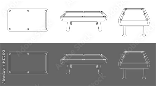 Vector Billiard Table Technical Drawing in Wireframe Perspective