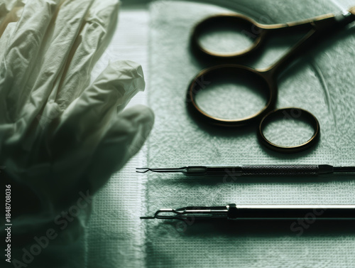 Surgical instrument suture remover scissors glove medical tray sterile pad stainless steel clinic procedure closeup