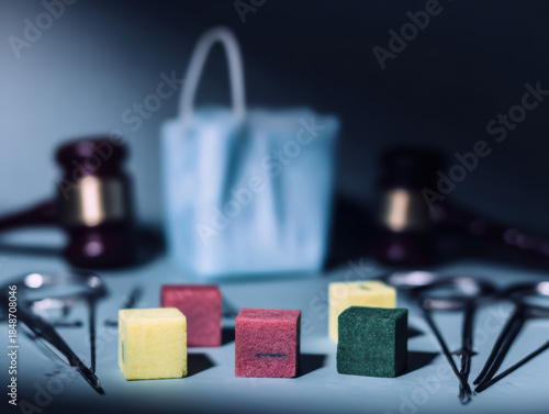 Medical cubes on sterile table with surgical tools and gavel suggesting legal medical dispute and tense atmosphere
