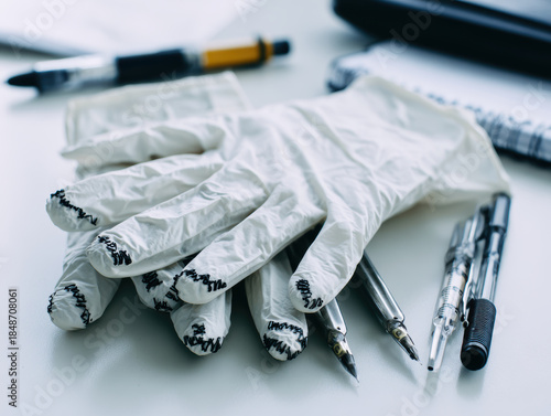 White disposable glove with black ink marks on fingertips surrounded by fountain pens and pen refills creating thoughtful creative workspace