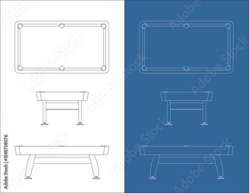 Orthographic Plan View of Billiard Table with Side and Front Elevations