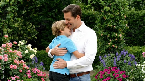 Father And Son Hugging In A Lush Garden With Pink And Purple Flowers And Green Foliage During Daytime