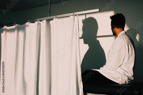 Doctor sitting in examination room with curtain and shadow silhouette