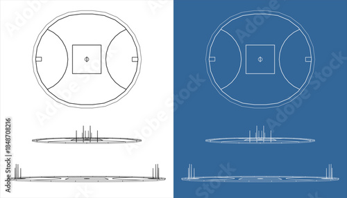 Wide Side Perspective of Australian Rules Football Ground Technical Wireframe