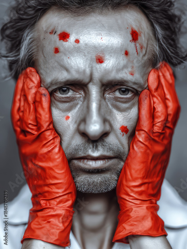 Silver painted man with red paint splatter and red gloves touching face, portrait, dramatic expression, moody lighting