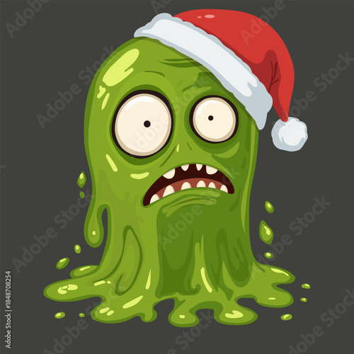 A green monster with a red hat and a green face. The monster is covered in slime and has a sad expression