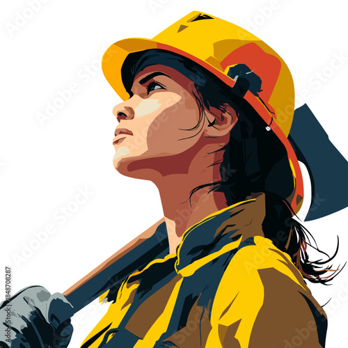 Vector portrait illustration of a female firefighter holding an axe isolated on a white background