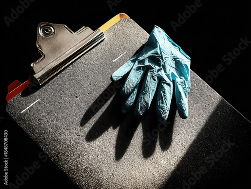 Blue disposable glove on black clipboard casting dramatic shadow, sterile medical work vibe, focused and tense
