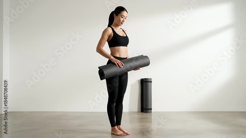 Athletic Woman In Black Activewear Bending Forward With Yoga Mat And Yoga Rolls In Bright Studio With Natural Light