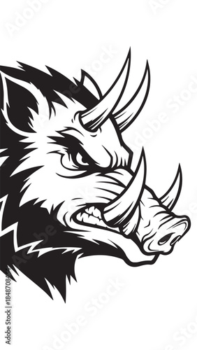 Stylized black and white boar head illustration with bold linework.