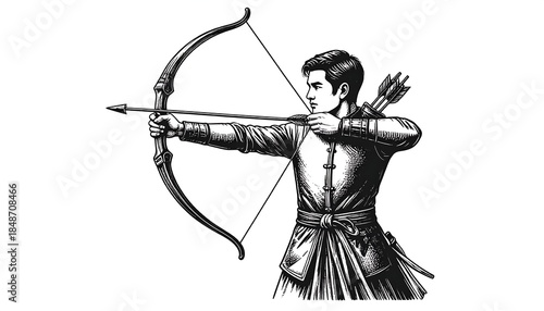 Archer aims with bow and arrow; traditional clothing. Stylized, black and white illustration on a clean white backdrop