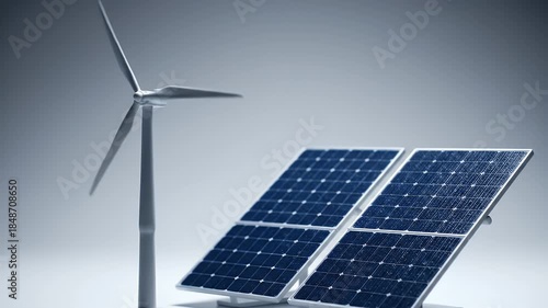 Renewable Energy Wind Turbine and Solar Panels Against a Blue Gray Background Clean Environment Concept