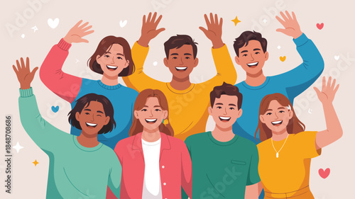 A cheerful diverse group of smiling people happily waving with their hands in the air