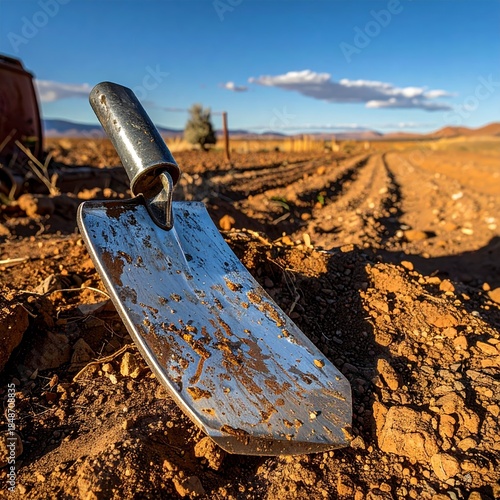 A well-used silver shovel rests in dry, arid soil in a rural farming landscape with fields under a blue sky