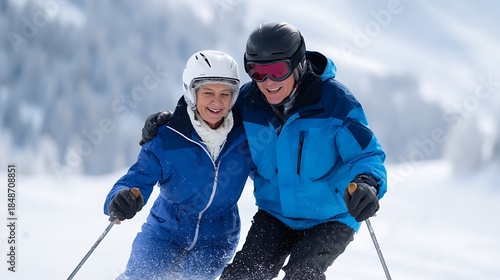 happy senior couple skiing in mountains