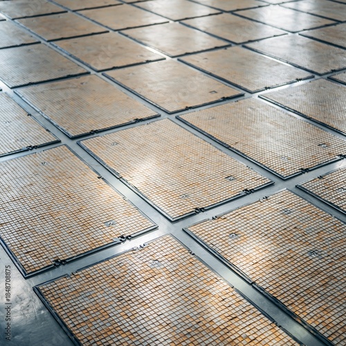 Detailed close-up view of industrial rubberized floor matting with anti-slip texture laid out in a repeating pattern.