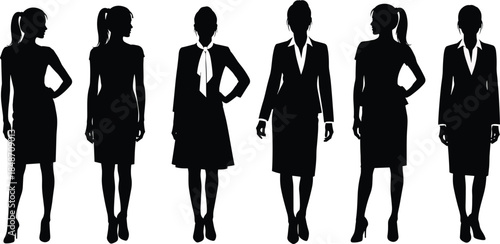 Business women silhouette, professional attire, office fashion, skirt and blazer, confident pose, flat vector illustration