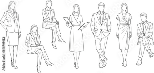 Business professionals, corporate attire, office fashion, formal wear, confident pose, seated and standing, document holding, flat vector illustration