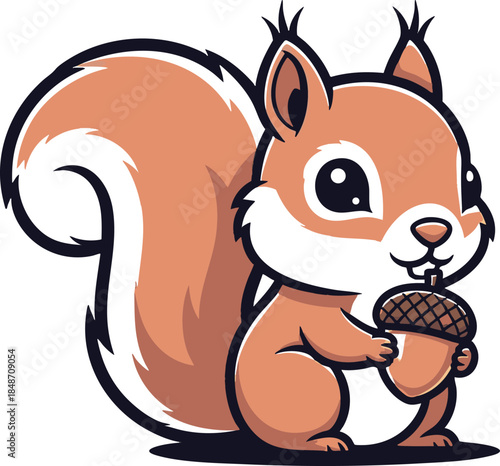 Cute squirrel cartoon character holding a small acorn, happy little chipmunk vector illustration for autumn and nature design, friendly forest animal mascot isolated on white.