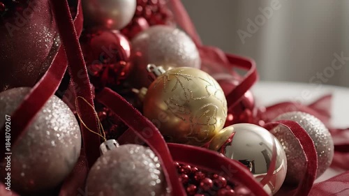 Elegant Christmas Ornaments Collection With Red And Gold Baubles And Velvet Ribbons Soft Lighting Indoors
