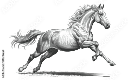 Majestic grey stallion horse galloping fast through field isolated on white background