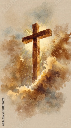 Sacred Cross: A symbol of faith and hope, the cross stands bathed in divine light amidst ethereal clouds. 