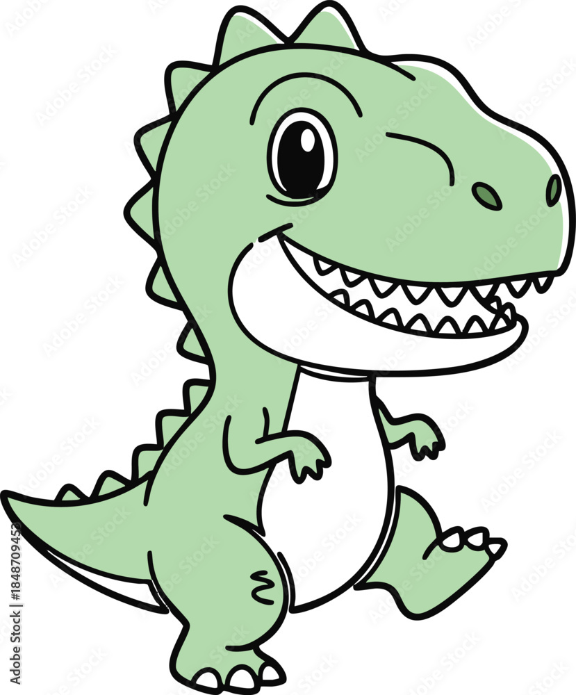 Fototapeta premium Cute Green Cartoon Dinosaur Vector Illustration, Friendly Baby T-Rex Character with Big Eyes for Kids Birthday Cards, Logo Design and Nursery Decor