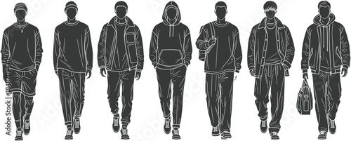 Streetwear fashion, urban walk, casual outfit, hoodie style, joggers, sneakers, confident pose, youth culture, flat vector illustration
