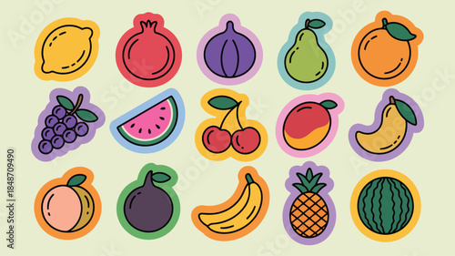 A colorful collection of various fresh fruits illustrated on a gentle pale background in a grid pattern