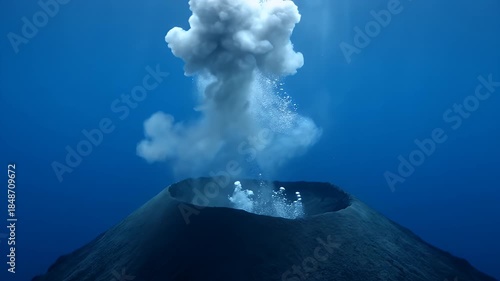 Underwater Volcano Erupting With Bubbles and Smoke Plumes Against Deep Blue Sea Background