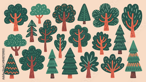 A diverse collection of stylized green and brown trees with varied shapes on a light background