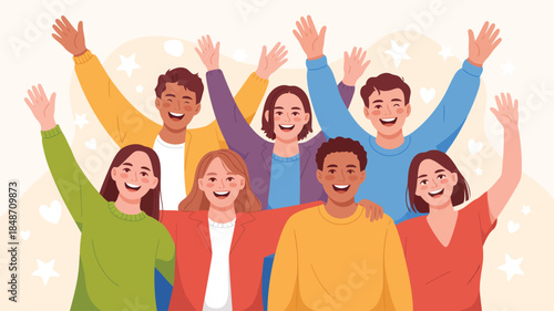 A diverse group of happy young people raising their hands and smiling cheerfully together