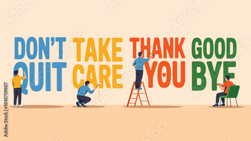 A diverse group of four individuals paints large colorful inspiring messages onto a light wall