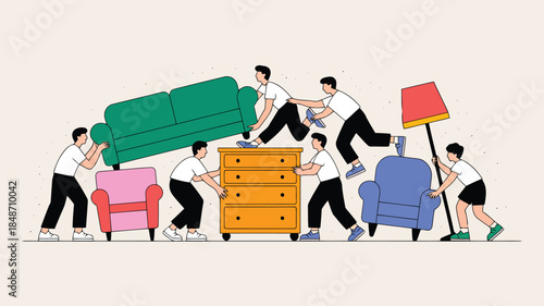 A group of people collaboratively moves colorful furniture including a sofa and a dresser