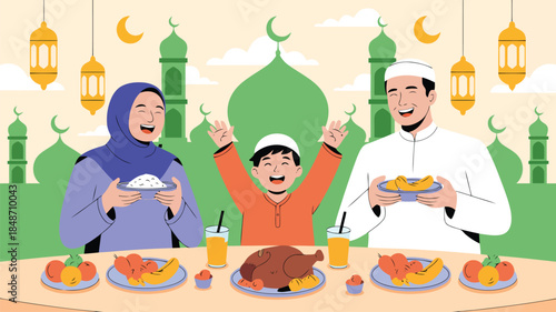 A happy Muslim family celebrates Eid al Fitr or Iftar with delicious food and drinks