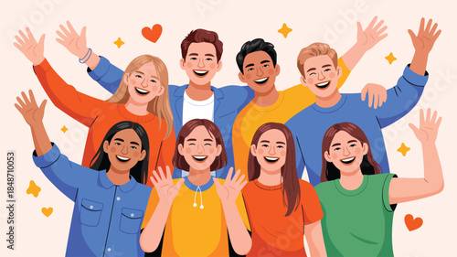 A joyful illustration of a multicultural group of friends smiling and waving cheerfully