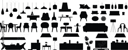 Furniture silhouettes, home decor icons, interior design elements, modern furnishings, black shapes, flat vector illustration, minimalist line art